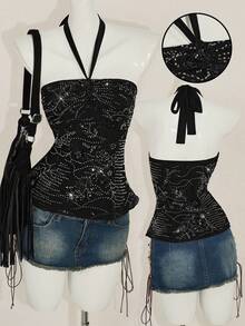 SHEIN ICON Y2k 露背勃艮第外出复古波西米亚嬉皮音乐会串珠时尚度假闪光派对闪亮亮片无袖短款上衣，露背修身夏季背心 - 黑色 - 查看 3