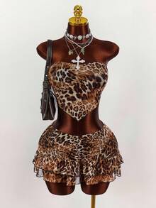 Y2K Amplova Women Super Wild Leopard Print Tube Top Ruffled Sleeveless Top And Pleated Ruffled Mini Skirt Two-Piece Set ,Versatile And Suitable For Parties And Daily Wear Cheetah Set Leopard Print Two Piece Set Animal Print Two Piece Set Cheetah Print Two Piece Set Leopard Set - Multicolor - View 1