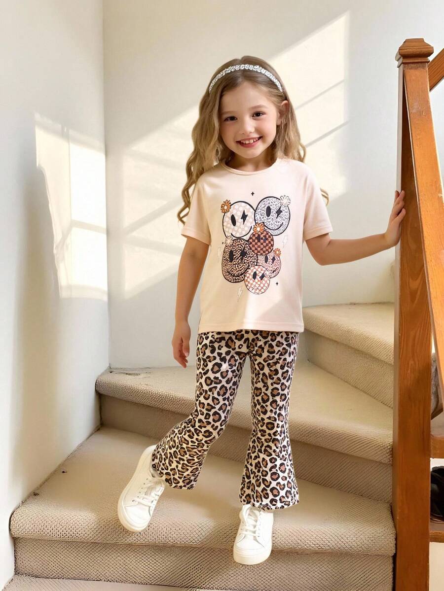 Young Girl Casual Pencil Print Round Neck Short Sleeve T-Shirt And Flare Pants Set, Summer New Arrival. Cute Face Graphic Tee, Retro Leopard Print Flare Pants, Versatile For Daily Wear And Parties - Apricot - View 1