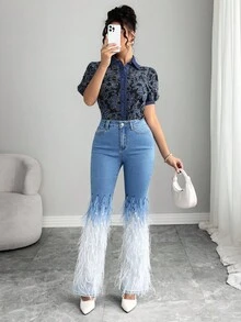 Elenzga Patchwork Fringe Flare Jeans - Medium Wash - View 6