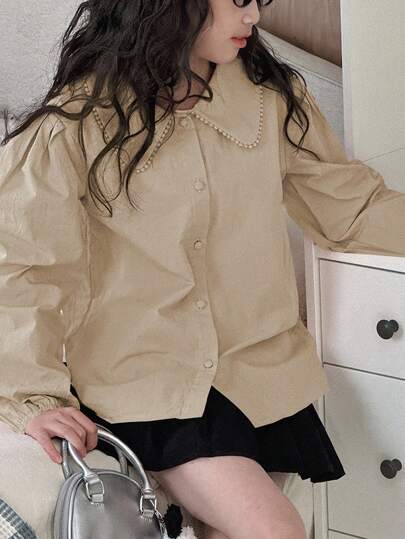 Dazy Kids 少女纯色翻领长袖衬衫女装