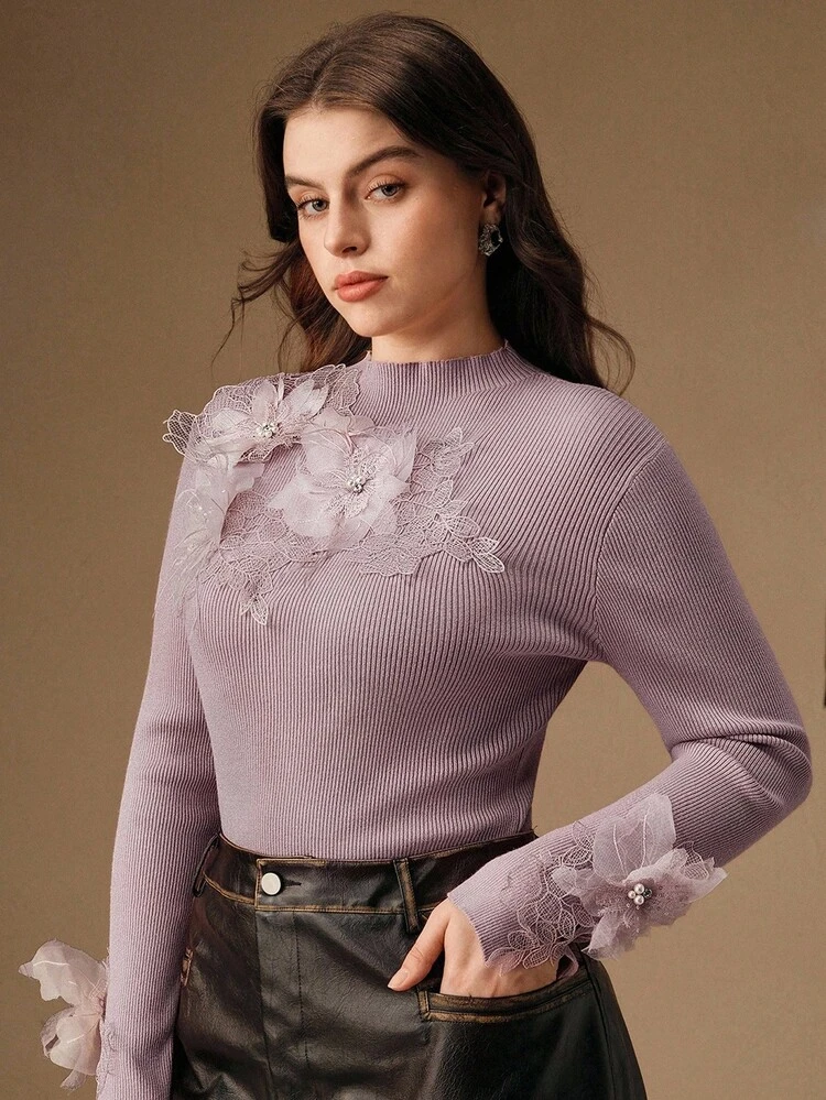 Women's Plus Size Funnel Neck Beaded 3D Flower Elegant Long Sleeve Sweater, Christmas Pullover For Thanksgiving, Fall/Winter