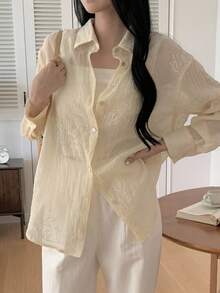 DAZY Áo cánh dài tay cổ bẻ, vải jacquard dáng rộng thoải mái cho nữ, mùa thu - Màu be - Xem 4