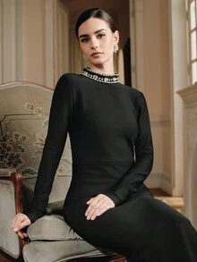 Anewsta Women's Elegant Handmade Rhinestone Chain Backless Dress - Black - View 4