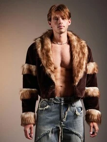 FeverCity Herren Lässige flauschige Fake-Pelz Kragen Langarm Jacke, Winter - Kaffeebraun - Übersicht 5
