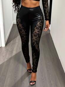 BamGleam Modische sexy Punk Nieten & Spitze Patchwork Skinny Hose