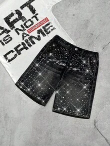 SHEIN 男童秋冬Y2K复古都市街头酷炫风做旧百慕大牛仔短裤，黑色水钻装饰，宽松版型，适合日常穿着，返校季、返校舞会、街头风、秋冬童装、万圣节、夜间外出、圣诞节等场合。 - 黑色 - 查看 1