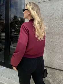 Auralis Chaqueta de motocicleta de estilo sencillo de color rojo vino, de uso diario, cómoda y holgada, de moda casual para mujer de talla grande, para primavera y otoño, abrigos de invierno, estilo de calle - Rojo - Ver 2