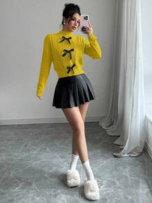 Elenzga French Bow Knot Soft & Fluffy Cable Knit Sweet Women Long Sleeve Pullover Sweater, Winter - Yellow - View 3