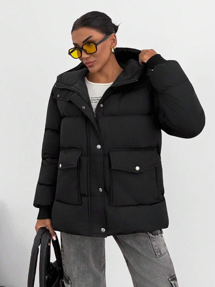 EURMUSE Casual Solid Color Hooded Jacket, Winter - Black - View 1
