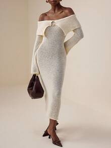 Vesra فستان كنزة صوفية طويل مناسب للربيع والخريف، ذو كتف مكشوف وقصة ضيقة، بلون أنيق