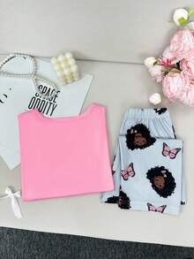 Cute Girl Print Crew Neck Long Sleeve & Long Pants Pajama Set For Young Girl