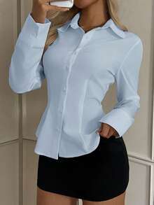 SHEIN EZwear 浅蓝色女士休闲腰部收紧长袖纽扣衬衫，适合秋冬季 - 淺藍色 - 查看 4
