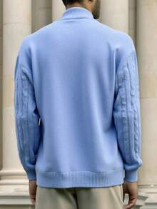 Manfinity Homme Plus Size Men's Solid Color Half Zip Cable Knit Turtleneck Sweater, Fall Winter, Long Sleeve Top - Baby Blue - View 2