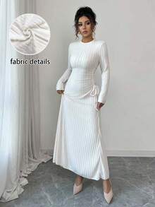 Selianne 25-30+ Days Casual Autumn/Winter Ribbed Knit Drawstring Dress For Women - Apricot - View 1