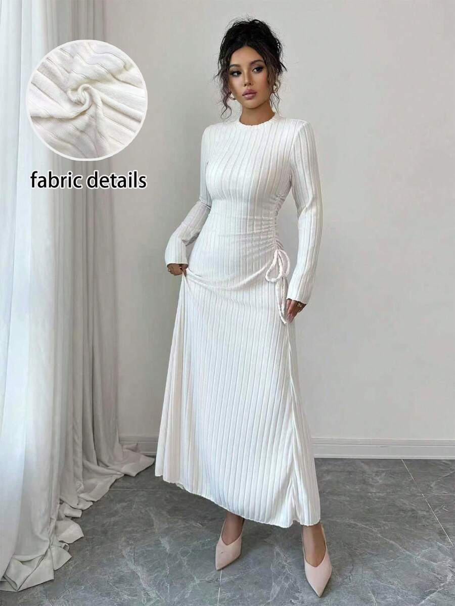 Selianne 25-30+ Days Casual Autumn/Winter Ribbed Knit Drawstring Dress For Women - Apricot - View 1