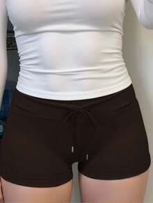 INAWLY Women Solid Color Drawstring Waist Skinny Casual Shorts - Brown - View 4
