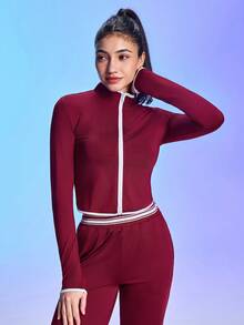 SHEIN Dewbera Áo khoác Raglan ngắn cổ đứng vừa vặn dành cho nữ, đồ thể thao co giãn phù hợp để chạy bộ và tập luyện Bộ đồ nỉ cho nữ Bộ đồ chạy bộ dành cho nữ Bộ đồ thể thao dành cho nữ Bộ đồ thể thao giải trí Bộ đồ nỉ cho nữ Bộ đồ chạy bộ dành cho nữ Bộ đồ tập luyện màu nâu đỏ Bộ đồ thể thao dành cho nữ Bộ đồ nỉ cho nữ - Đỏ - Xem 3
