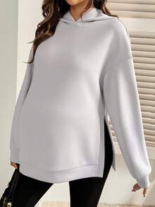 SHEIN Áo nỉ trùm đầu xẻ tà đơn sắc dành cho bà bầu, màu xám nhạt - Xám - Xem 5