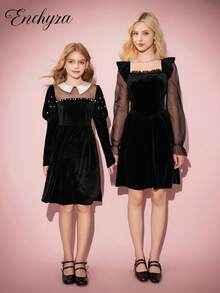 优雅天鹅绒束腰连衣裙，黑色，荷叶边网袖，秋冬 - 黑色 - 查看 6