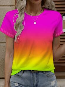 Zolique 渐变色圆领女式休闲短袖 T 恤，宽松上衣，春夏