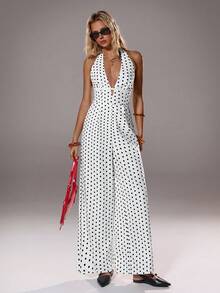 TRNVIE 1pc Women's Polka Dot Print Jumpsuit, Deep V-Neck Halter Design, Sleeveless Hollow-Out Non-See-Through, Sexy Open Back For Daily, Commute, Elegant, Retro - Black and White - View 7