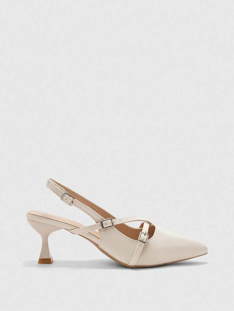 CUCCOO BIZCHIC Women's Pointed Toe Kitten Heel Criss-Cross Strap Slip-On Pumps, Beige, Versatile For Daily Wear And Commute For Christmas Spring Shoes