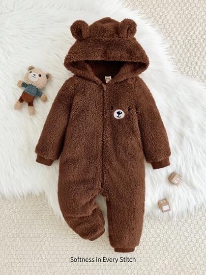Cozy Pixies Baby Boy Cartoon Rabbit Ear Hooded Thick Fleece Jumpsuit, Suitable For Autumn/Winter Indoor Wear Fall