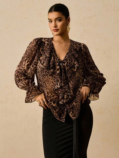 Travachic Plus Size Women Chiffon Floral Print Long Sleeve Blouse, Leopard Print Ruffle Hem Shirt,Fall Clothes For Women