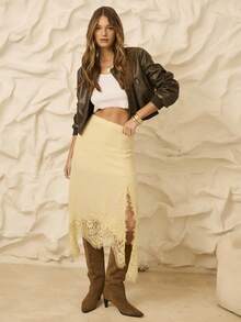 Aralina 秋冬缎面外出半身裙，镂空蕾丝边饰，可爱又时尚，适合圣诞节、假期、感恩节、情人节等各种场合。 - 黃色 - 查看 9