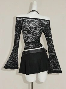 SHEIN ICON Sexy & Fashionable Off Shoulder Lace Long Sleeve Sheer Blouse,Black Tops - Black - View 14