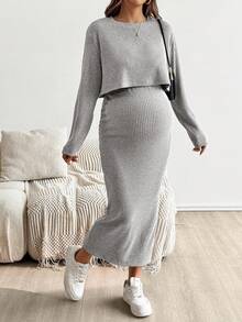 SHEIN 孕妇纯色圆领短袖上衣和裙子两件套