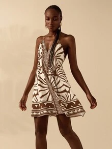 CAJUNI 女式波西米亚热带黑白印花细肩带 V 领露背短裙，夏季度假休闲沙滩裙 - 棕色 - 查看 3