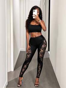 BamGleam Modische sexy Punk Nieten & Spitze Patchwork Skinny Hose