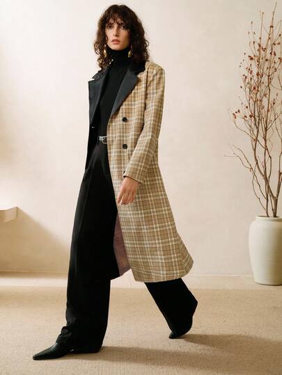 Aveloria Women's Plaid Fabric, Wide Shoulders, Volume Style, Contrast PU Lapel, Double-Breasted Buttons, Contrast Pocket Design, Long Jacket, Daily Commuting  Trench Coat Fall Clothes For Women Winter Clothes For Women Business Casual Woman Winter Coat Winter Jacket