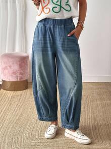 EMERY ROSE 女式松紧腰口袋喇叭宽松牛仔裤 - 藍色 - 查看 1