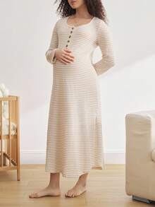 BloomMama Maternity Casual Striped Knit Round Neck Half-Zip Long Sleeve Nightgown Pregnancy Dress Pregnancy Clothing Maternity Dress Maternity Clothes Pregnancy Outfits Cozy And Elegant Details, Fall - Khaki - View 3