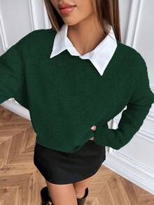 EMERY ROSE 休闲风格纯色圆领针织长袖毛衣 - 墨綠色 - 查看 4