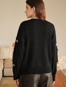 Anewsta Women's Fashionable 3D Floral Embroidery Long Sleeve Knit Sweater, Versatile Pullover Sweater For Autumn/Winter, Christmas