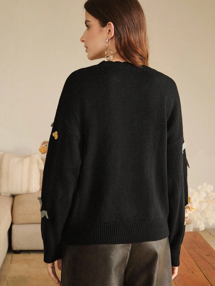 Women's Fashionable 3D Floral Embroidery Long Sleeve Knit Sweater, Versatile Pullover Sweater For Autumn/Winter, Christmas