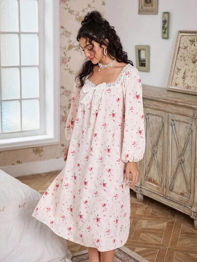  CottageSlumber浪漫玫瑰印花刺绣方领蝴蝶结装饰宽松长袖女士睡裙，秋冬款