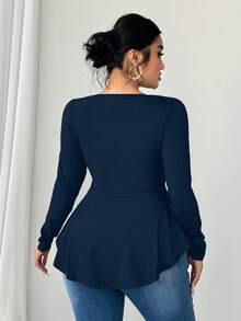 Elenzga 大码女式春秋季露肩长袖收腰A字休闲舒适简约蓝绿色T恤上衣，女士休闲衬衫 - 藏蓝色 - 查看 4