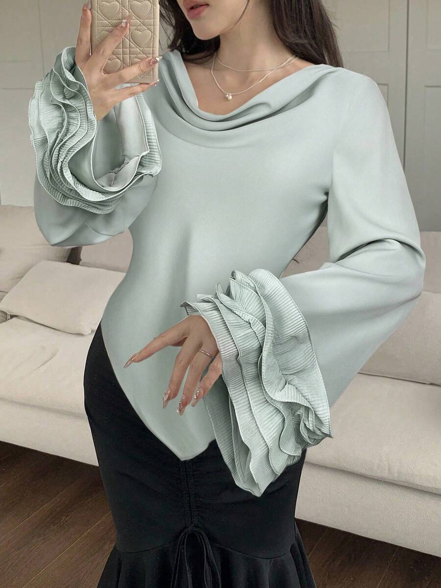 Feyla Damen Bluse mit einfarbiger Rüschensaum Weitung Ärmel, elegante Bluse