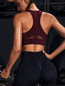 Powerista Women's Solid Color Hollow Design Everyday Fitness Sports Bra (Seamless) Seamless Sports Bra Workout Sports Bra Burgundy Sports Bra Seamless Workout Top Built In Bra Workout Top - Burgundy - View 4