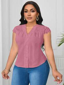 SHEIN Clasi Áo cánh vải họa tiết ren tương phản cổ chữ V cỡ lớn - Hồng - Xem 3