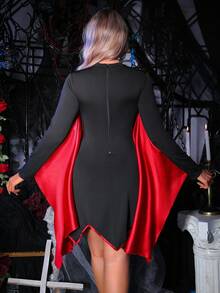 女式万圣节蜘蛛网网眼透视胸围镂空撞色滚边蝙蝠袖服装 - 黑色 - 查看 2