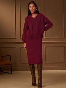 Lilora Damen Einfarbiger Pullover, Drop-Shoulder Langarm und gestrickter Mini-Rock Lässig 2-teiliges Set, Herbst - Bordeaux - Übersicht 6