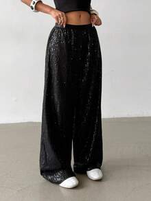 SHEIN Teen Girls' Loose Fit Sparkly Sequin Black Pants, Stylish Design For Casual Everyday Wear, Suitable For Any Occasion Black Wide Leg Pants Y2k Sequin Pants Wide Leg Sequin Pants Sequin Pants Black Sequin Pants Fall Winter
