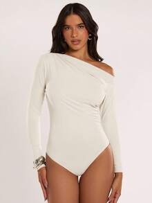 SHEIN BAE Women's Fashion Casual Solid Color Off-Shoulder Ruched Bodysuit