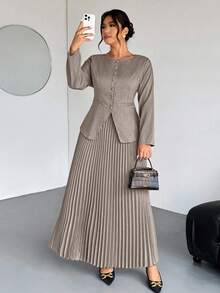 Firerie Plus Size Women Commuter New Faux Pocket Decor Boat Neck Khaki Valentine Office Chic Commuter Elegant High Street Long Sleeve Spring Autumn Blazer Jacket And Pleated Skirt Two Pieces Set Fall Clothes For Women Winter Clothes For Women New Fall Fashion Women